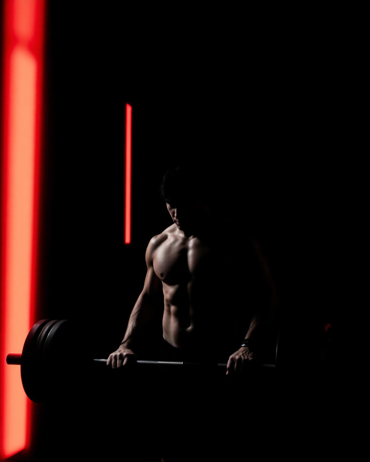 Atleta entrenando con barra en un gimnasio con iluminación roja
